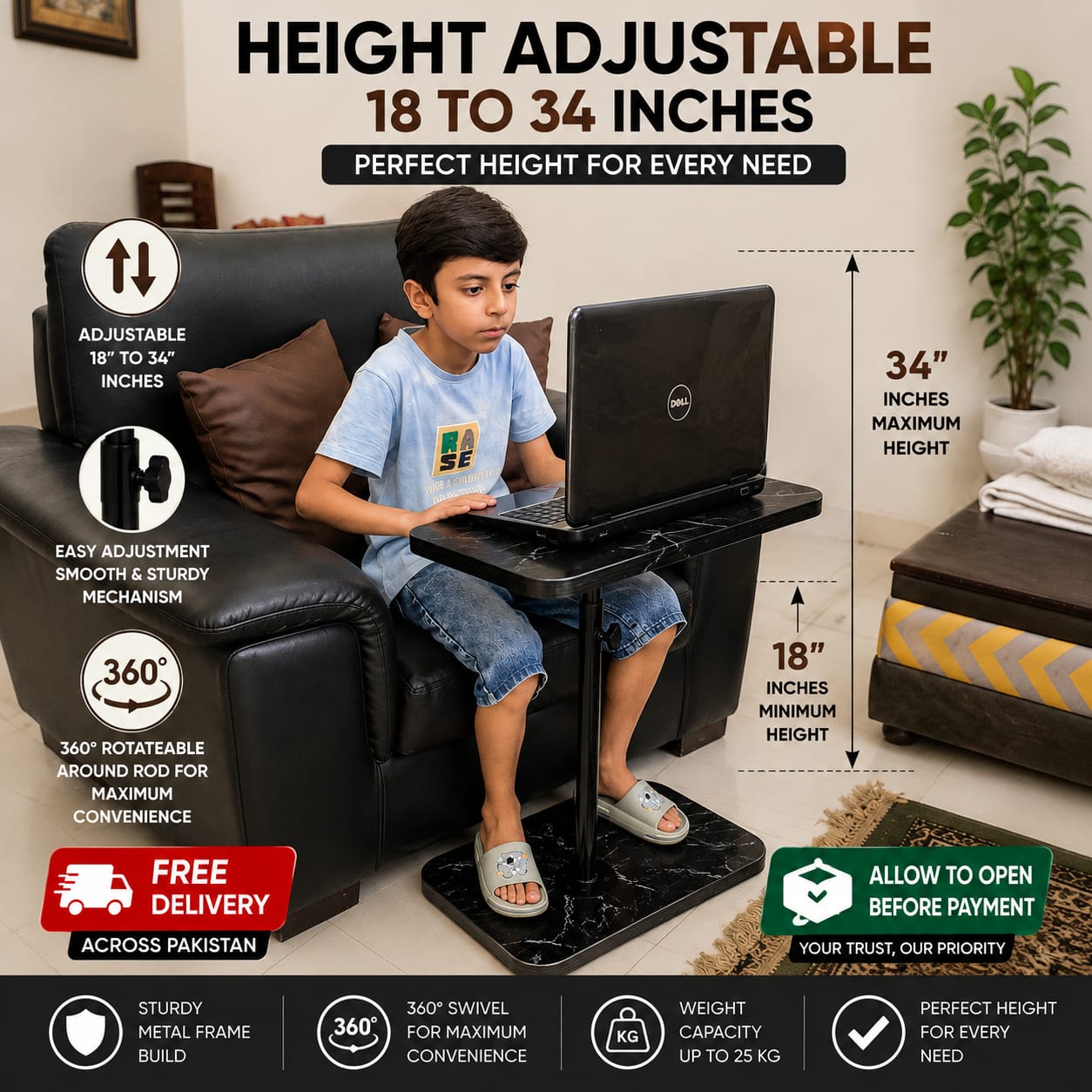 Height adjustable Table for Bed & Sofa , 360° Swivel, Height Adjustable