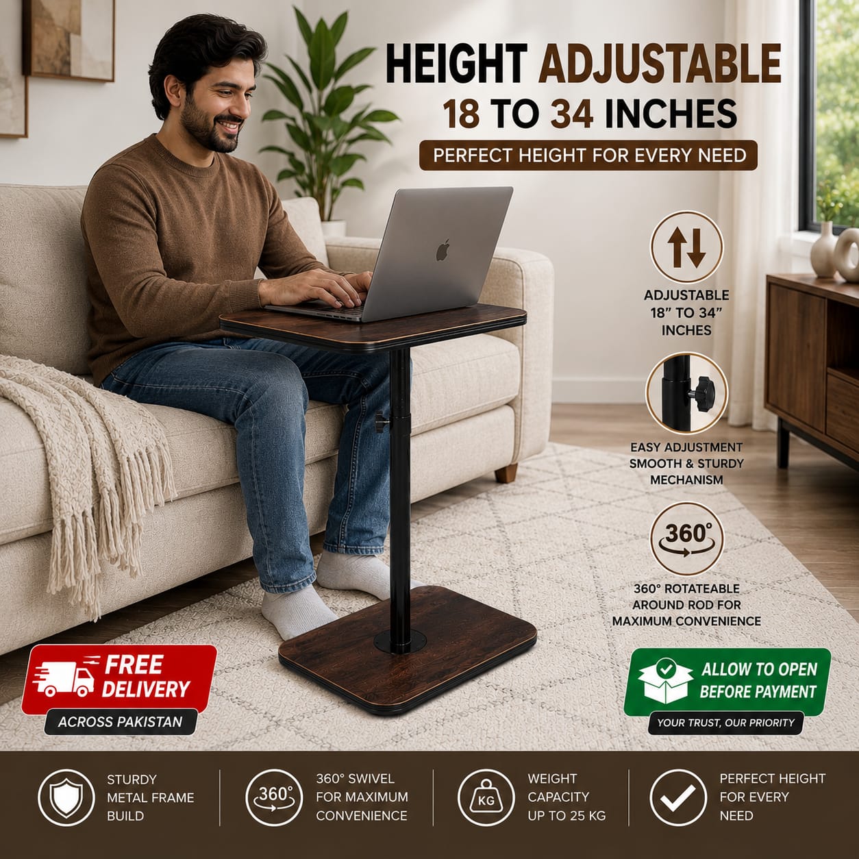 Height adjustable Table for Bed & Sofa , 360° Swivel, Height Adjustable
