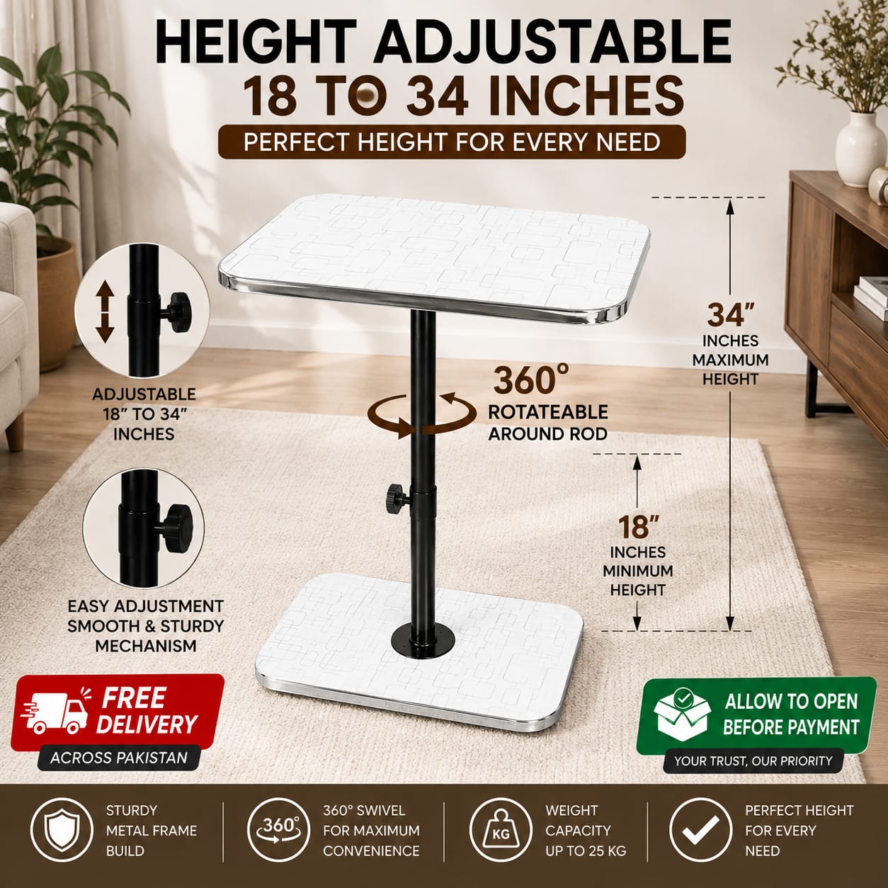 Height adjustable Table for Bed & Sofa , 360° Swivel, Height Adjustable