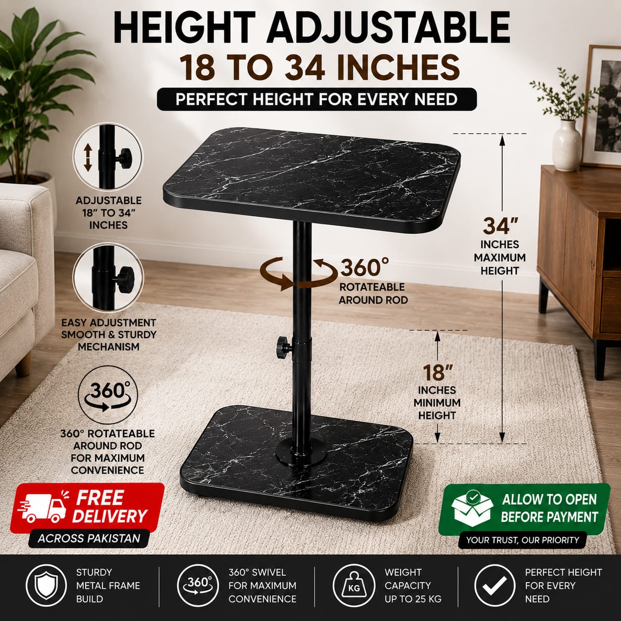 Height adjustable Table for Bed & Sofa , 360° Swivel, Height Adjustable
