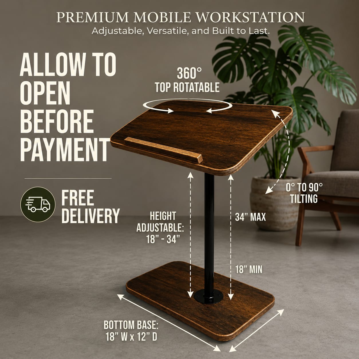 Laptop Table for Bed & Sofa — 90° Tilt + 360° Swivel, Height Adjustable