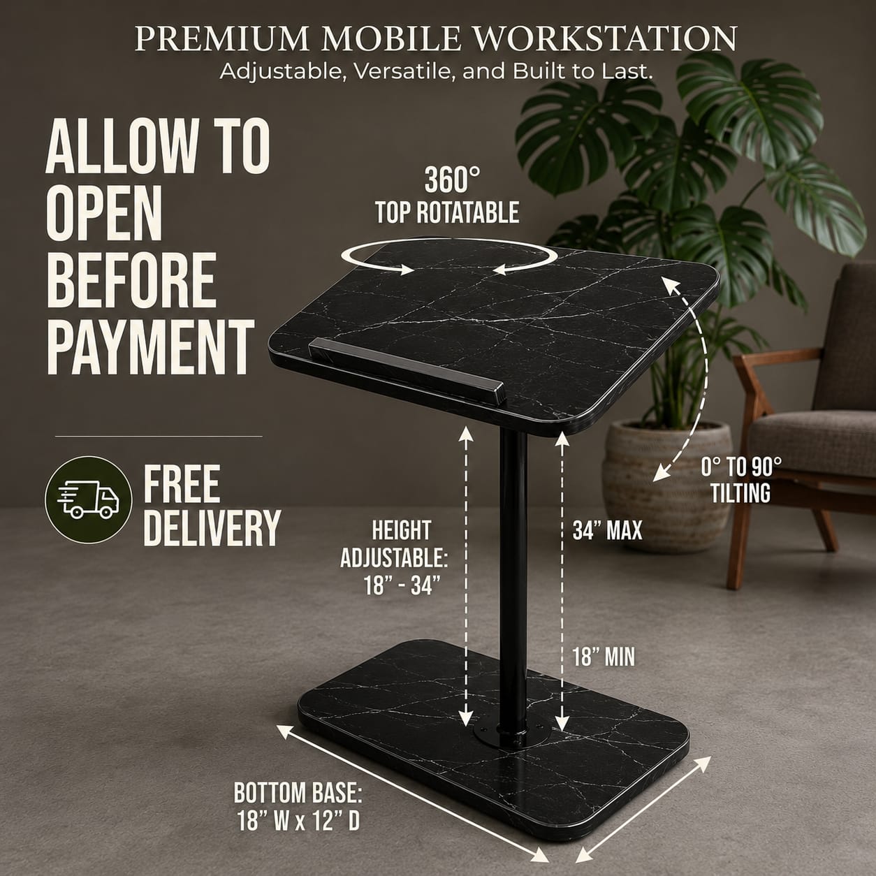 Laptop Table for Bed & Sofa — 90° Tilt + 360° Swivel, Height Adjustable