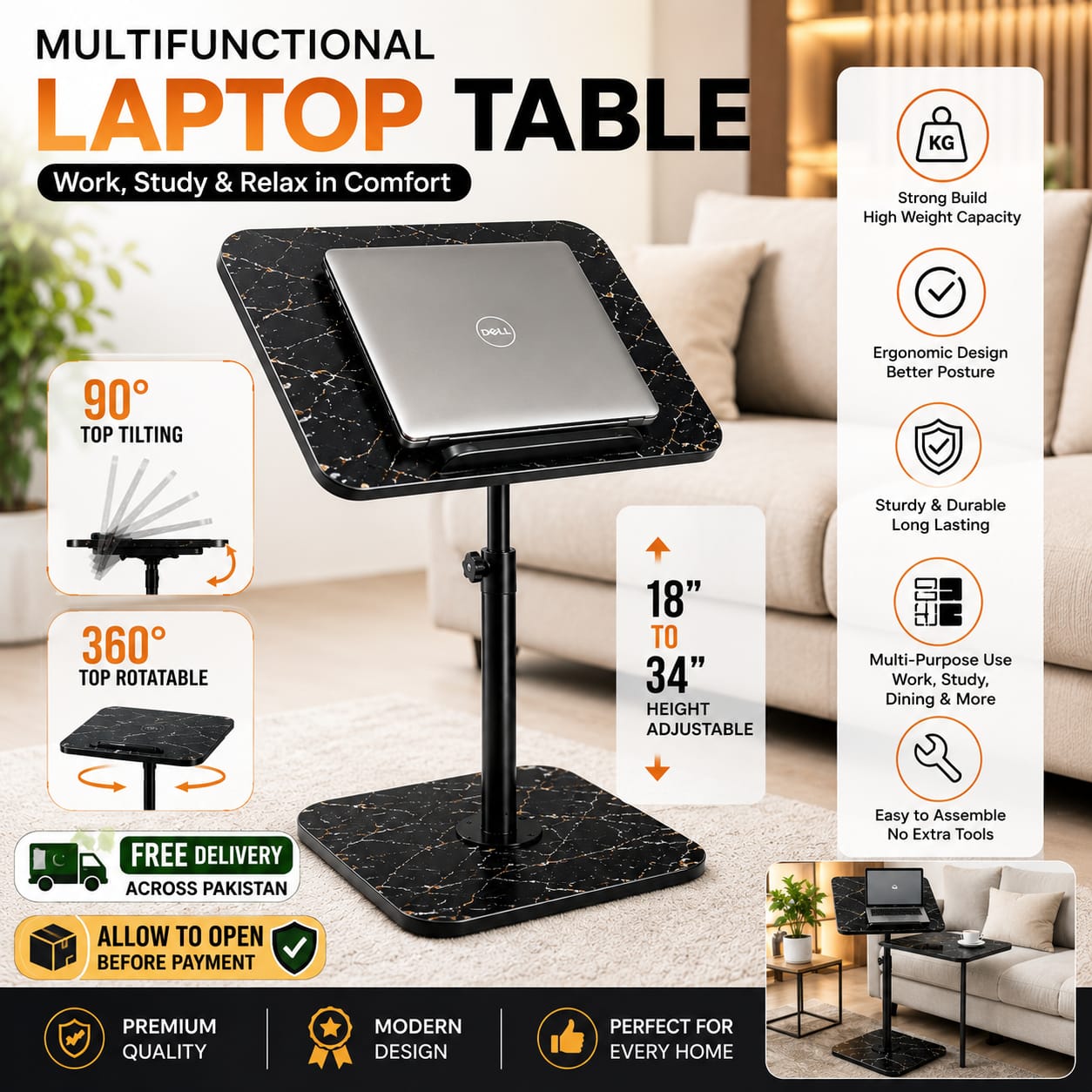 Laptop Table for Bed & Sofa — 90° Tilt + 360° Swivel, Height Adjustable