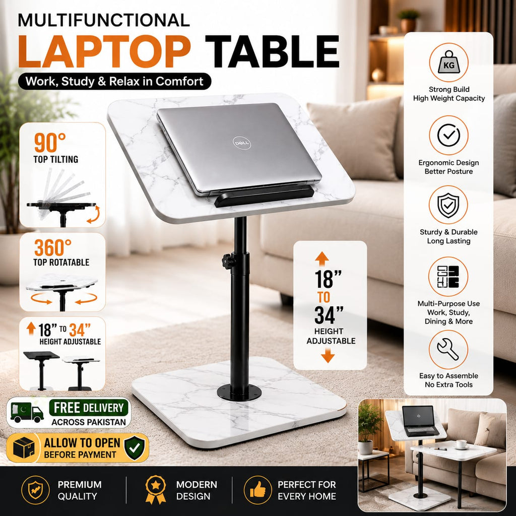 Laptop Table for Bed & Sofa — 90° Tilt + 360° Swivel, Height Adjustable