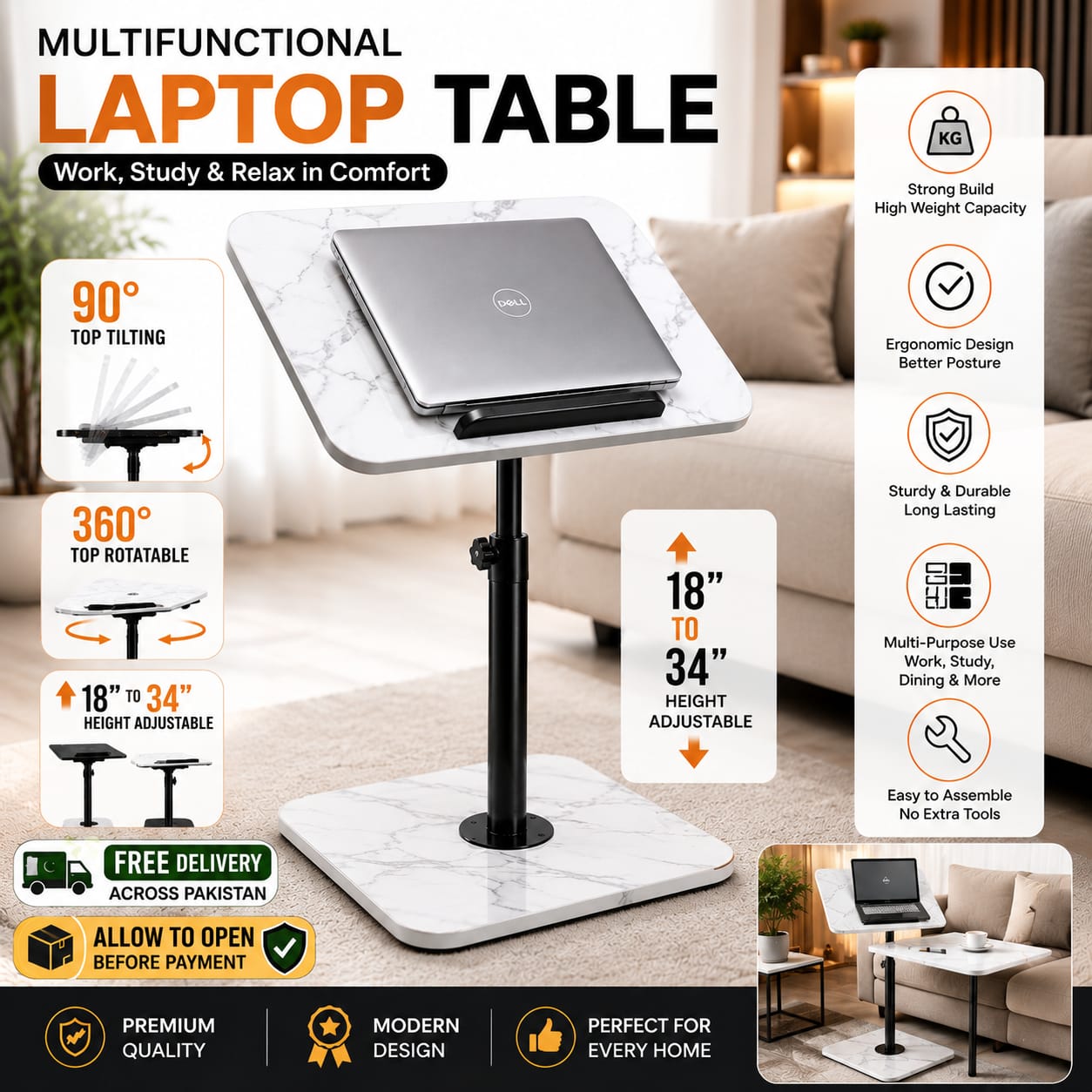 Laptop Table for Bed & Sofa — 90° Tilt + 360° Swivel, Height Adjustable