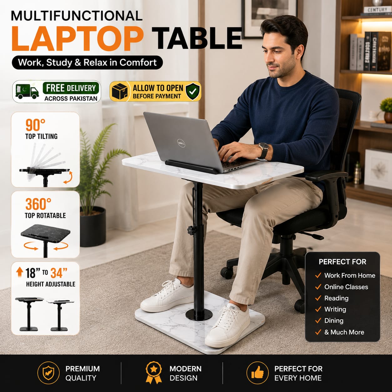 Laptop Table for Bed & Sofa — 90° Tilt + 360° Swivel, Height Adjustable
