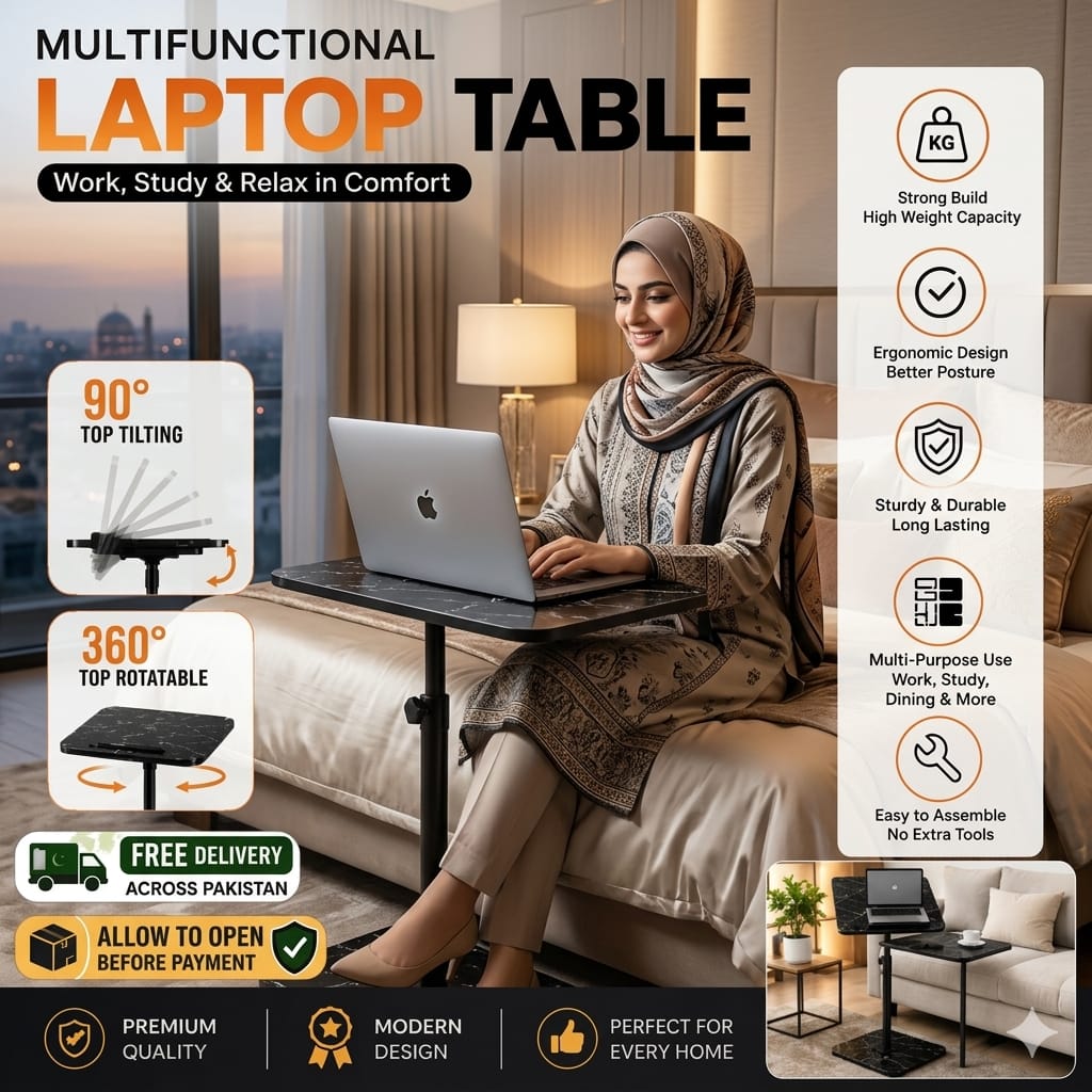 Laptop Table for Bed & Sofa — 90° Tilt + 360° Swivel, Height Adjustable
