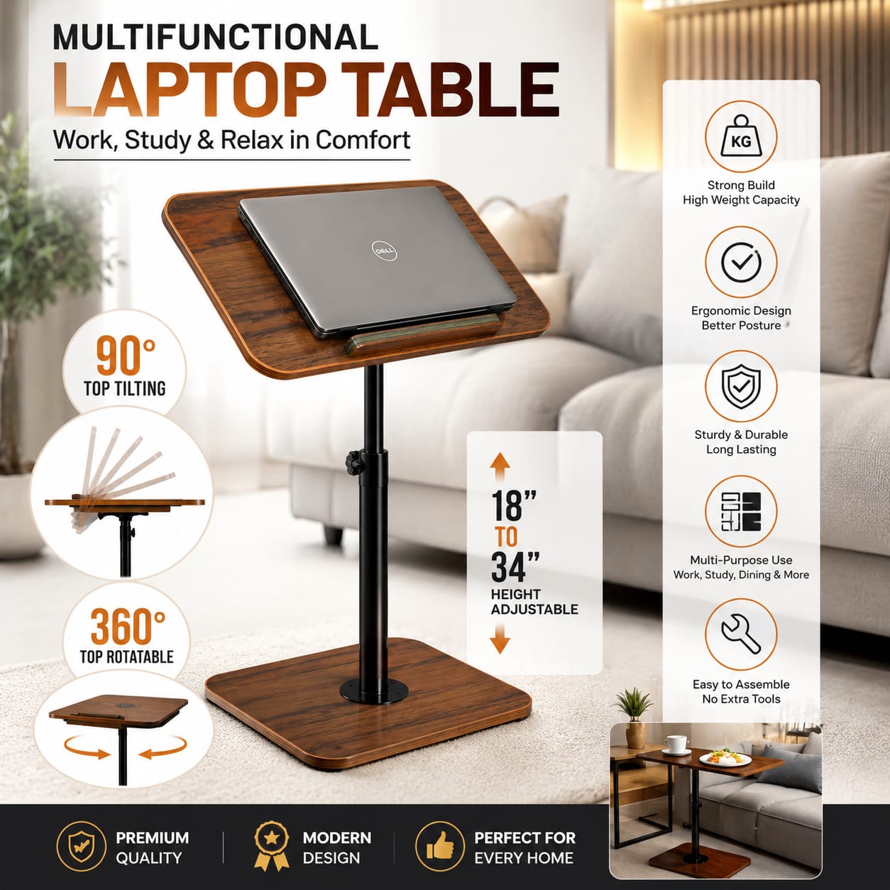 Laptop Table for Bed & Sofa — 90° Tilt + 360° Swivel, Height Adjustable