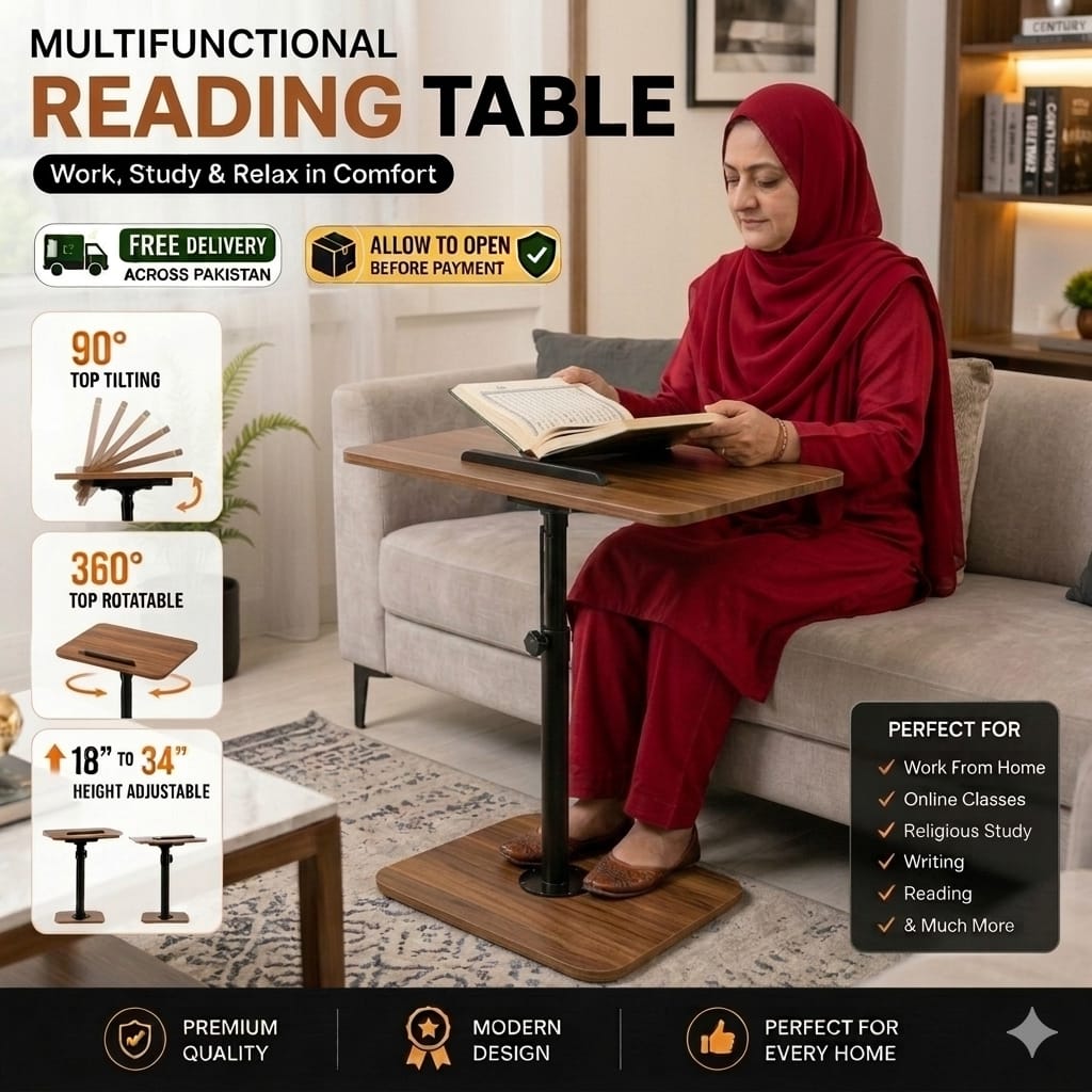 Laptop Table for Bed & Sofa — 90° Tilt + 360° Swivel, Height Adjustable